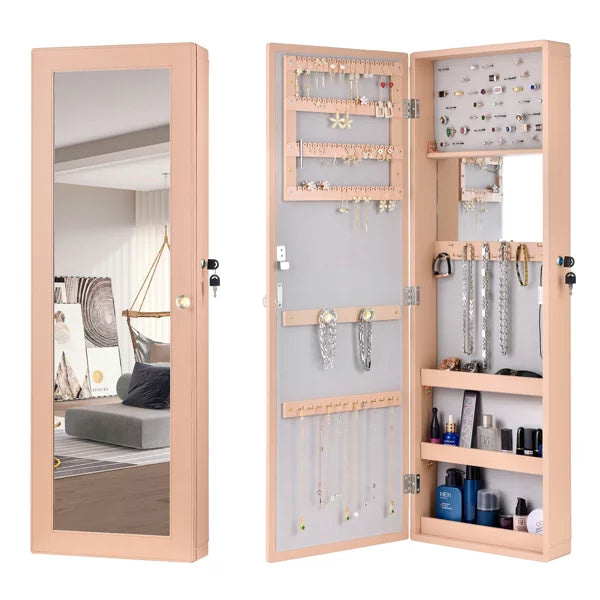Mirror Jewelry Cabinet Armoire, Wooden Leather Wall Mounted Three-Layer Shelf With Inner Mirror, Jewelry Storage Mirror Cabinet - Peach