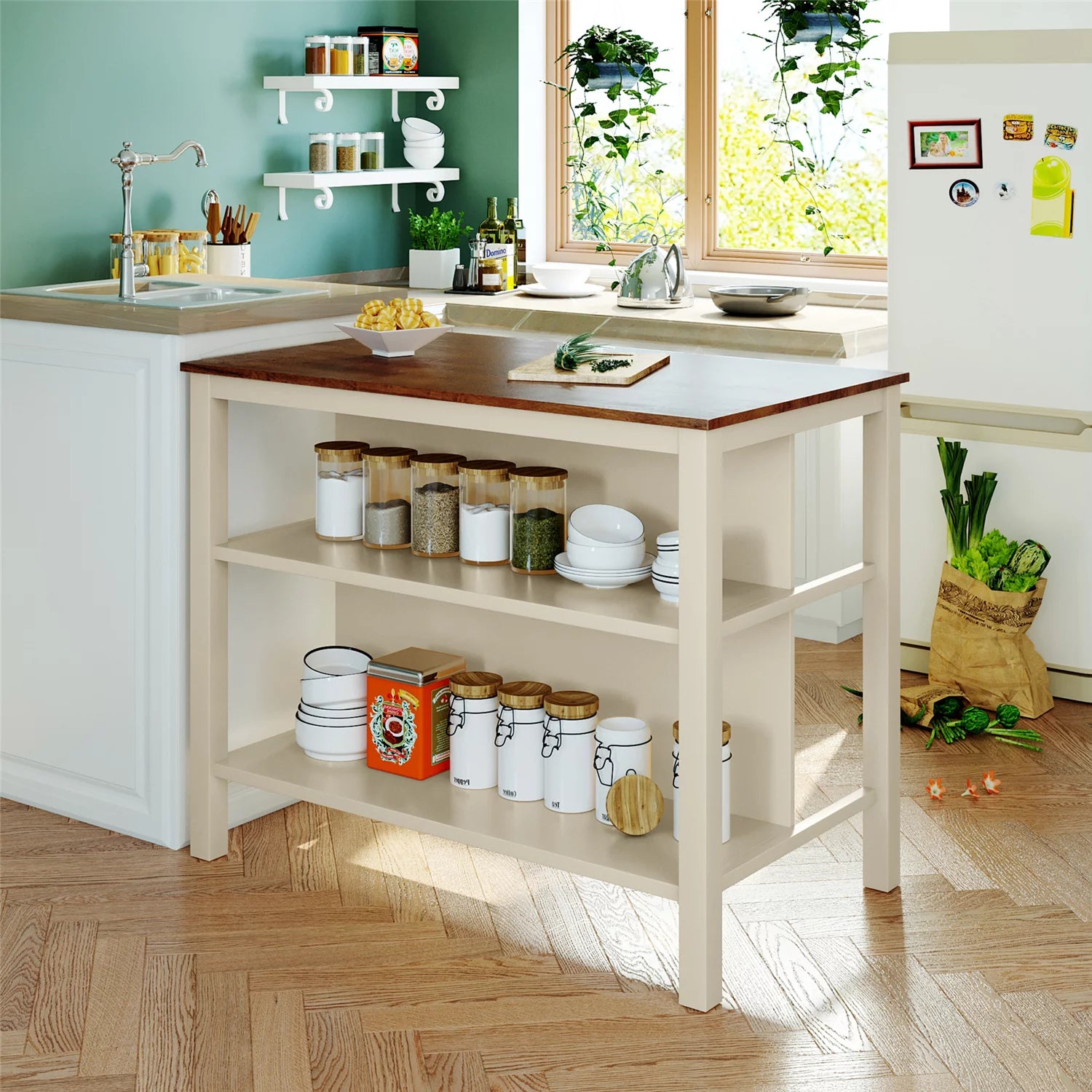 Kitchen Island with Open Shleves, Kitchen Shelf with Spacious Tabletop, Rubber Wood Frame, for Small Space, 45 x 27 x 36 inch