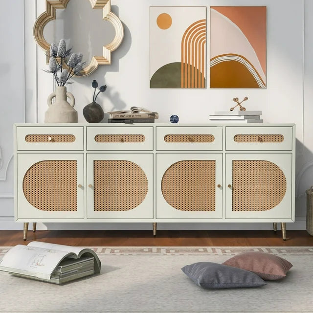 Modern Mid-Century TV Stand, Media Console Cabinet with 2 Rattan Doors and Adjustable Shelves, Woven Storage Sideboard Cabinet for Living Room and Bedroom
