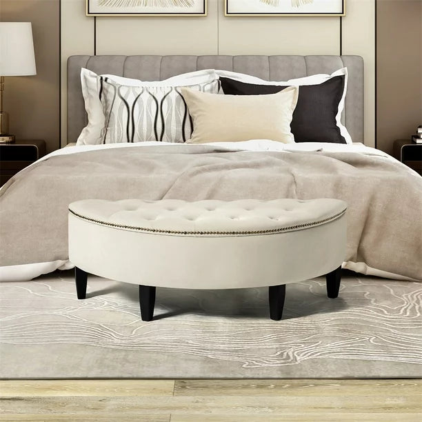 Storage Ottoman Bench, 43.3inch Half Moon End of Bed Bench with Button-Tufted and Nail Head Trim, Upholstered Storage Ottoman for Bedroom Living Room Entryway, Ivory