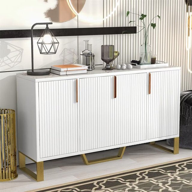 Modern Sideboard, Storage Cabinet with Adjustable Shelves and Four Doors, Wood Console Table with Golden Metal Legs, 60''L x 15.7''W x 34''H, White