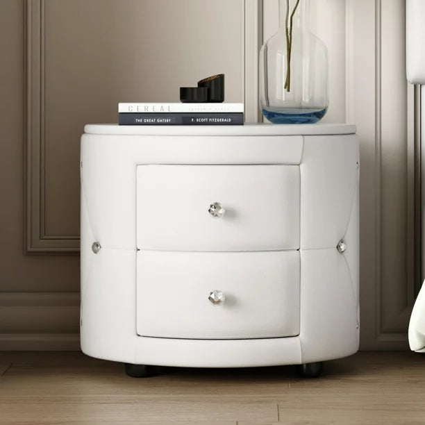 PU Leather Upholstered Nightstand with 2 Drawers and Crystal Handle, Button Tufted Dresser Side Table Chest, Multifunctional Round Storage Beside Table for Living Room, Bedroom, Fully Assembled, White