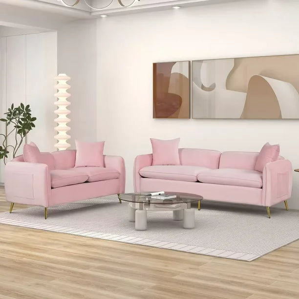 2 Piece Velvet Upholstered Sofa Set, Mid-Century Modern Sofa Couch Set with 2 Pillows, Comfy Loveseat and 3 Seat Couch Set Furniture with Golden Metal Legs for Living Room, Apartment, Pink