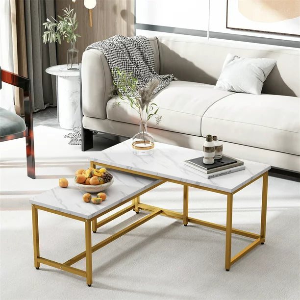 Rectangle Nesting Coffee Table Set of 2, Modern Cocktail Table with Golden Metal Frame with White Marble Top, Living Room End Tables Set of 2 for Office Balcony Bedroom, 35.43"Lx15.74"W, White