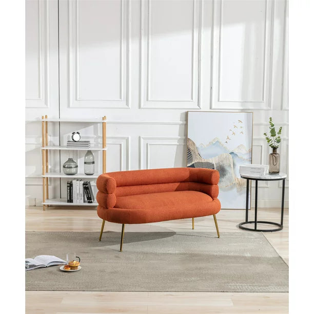 Living Room Accent Sofa, Leisure Loveseat Sofa with Golden Metal Feet, Tufted Chaise Lounge Sofa with Curved Back, Upholstered Sofa Reading Chair for Home Apartment or Office, Orange