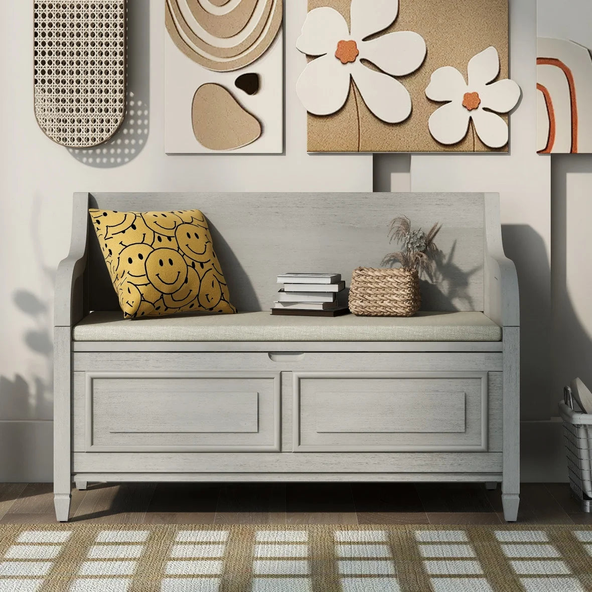 42" Shoe Bench, Lift Top Shoe Storage Bench, Rustic Style Solid Wood Entryway Storage Bench with Safety Hinge and Removable Cushion, Comfy Storage Bench for Entry, Living Room, Hallway, Gray Wash