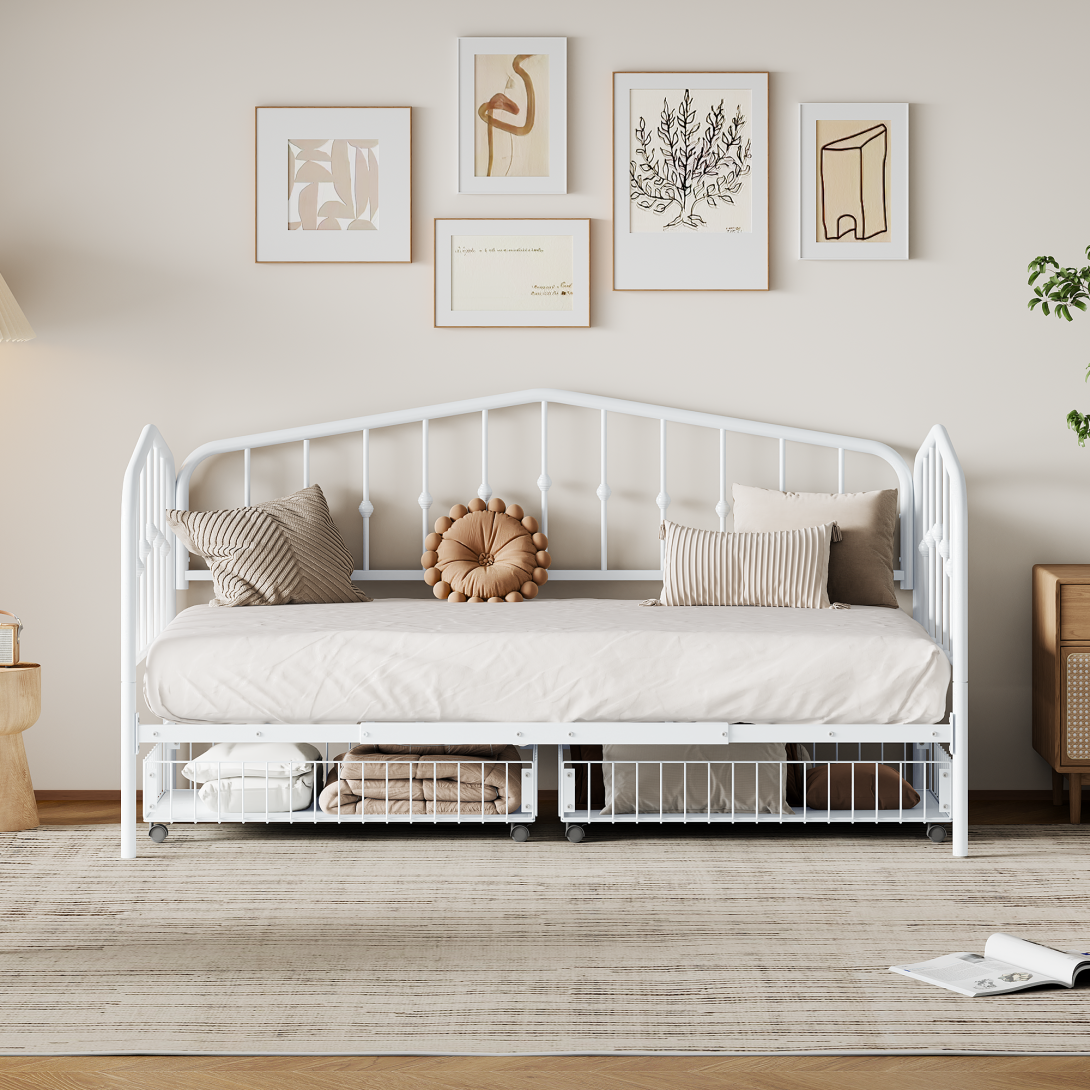 Metal Daybed, Twin Size Stylish Bed Frame with 2 Drawers, Metal Slat Support Sofa Bed for Kids Teens Adults Living Room, Guest Room, No Box Spring Needed, White
