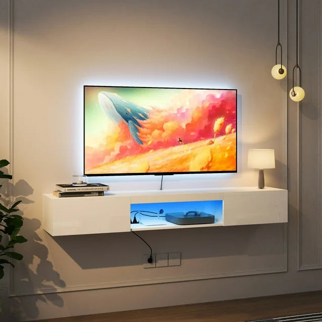 Wall Mounted Floating 65" TV Stand with 16 Color LED Lights,Entertainment Center with Storage,Media TV Console Table for Bedroom Living Room,White