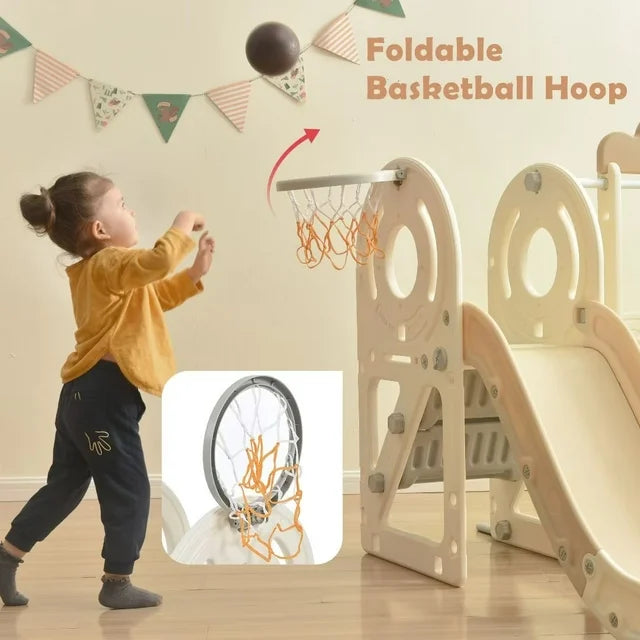 5-in-1 Slide and Swing Set, Toddler Slide Swing Set with Bus Play Structure, Freestanding Slide Set with Climber and Basketball Hoop, Toddler Playground Indoor Outdoor, Beige