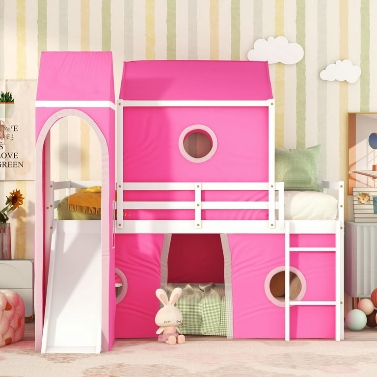 Twin Size Castle Shaped Floor Bunk Bed, House Bunk Bed with Slide Tent