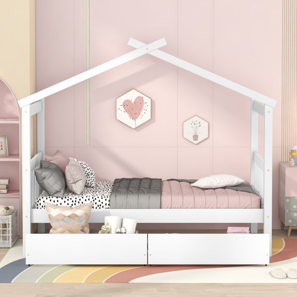 Twin Size House Bed Frame, Wood Platform Bed with 2 Drawers, Decorative Canopy Bed Top, Sturdy Frame Wood Legs Supprot, No Box Spring Needed, White