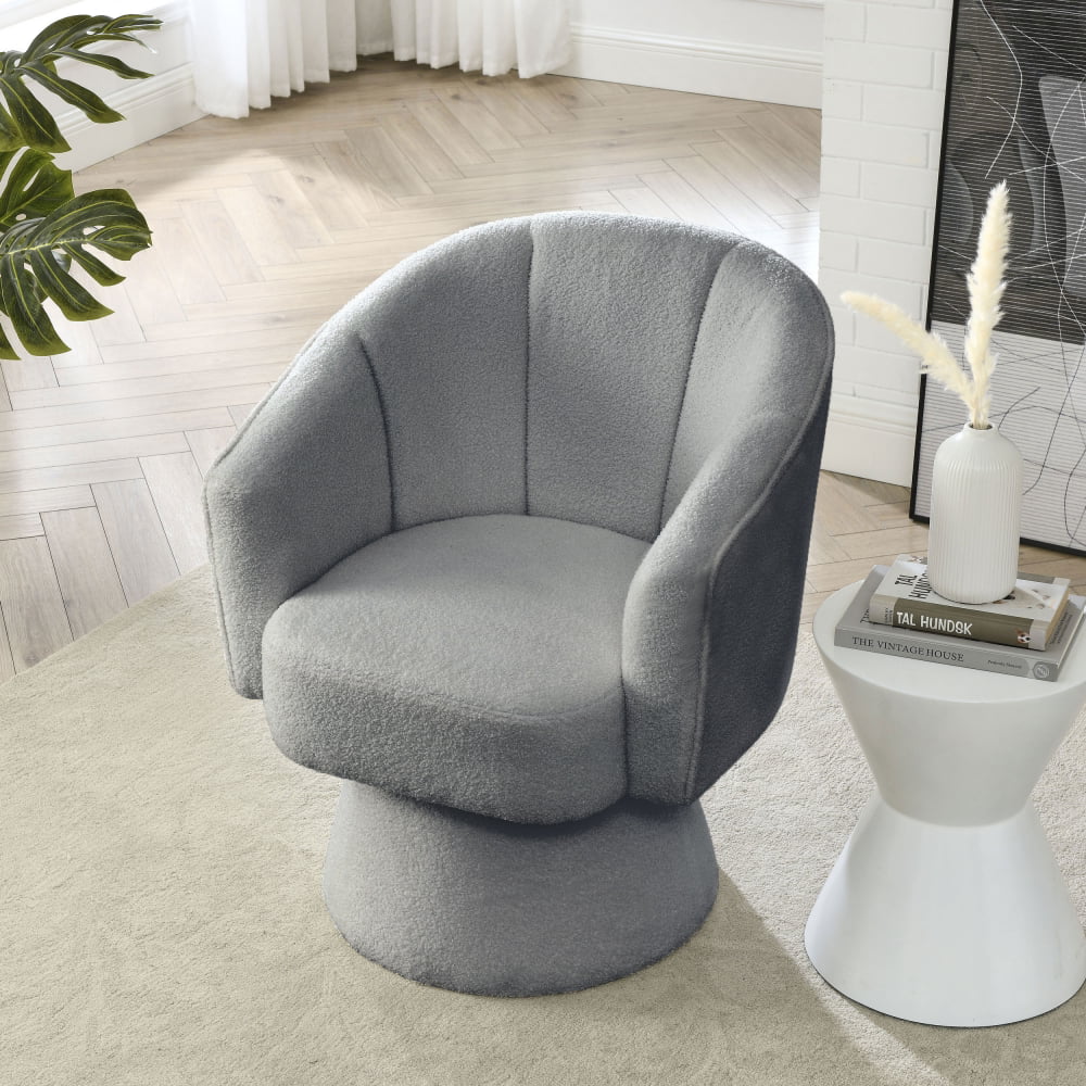 Swivel Accent Chair, Modern Armchair with Deep Channel Tufting and Base, Teddy Chair Swivel Barrel Chair with Petal Shape Back Design, Leisure Chair for Living Room Bedroom, Gray