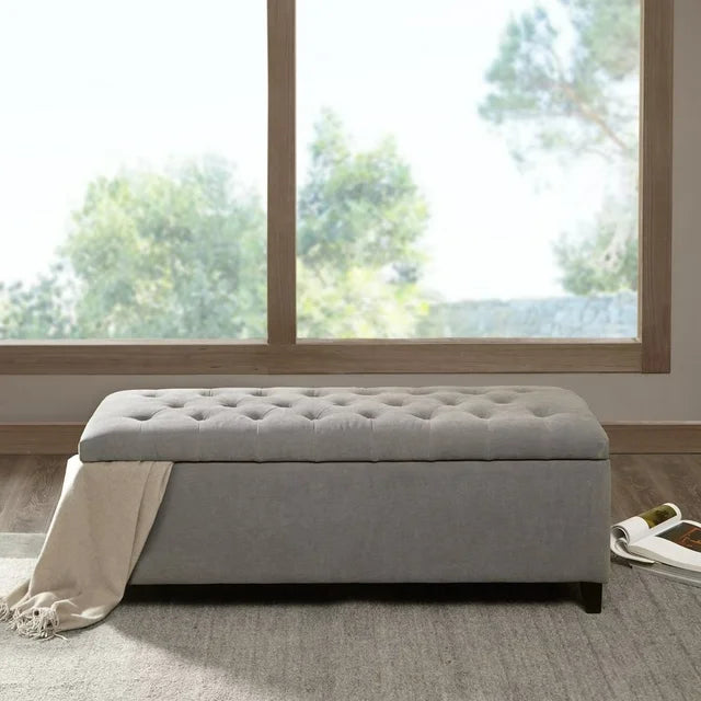 50.3inch End of Bed Bench with Storage, Button Tufted Storage Ottoman Bench with Safety Close Hinge, Storage Ottoman for Bedroom Living Room Entryway Hallway, Support 400LBS, Gray