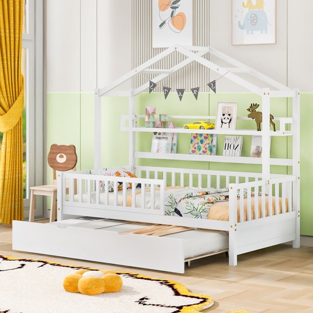 House Bed with Trundle, Twin Fence Railings Kids Cottage Beds Wood Playhouse Bed Frame for Toddlers Girls Boys Teens, Montessori Bed Twin Size Platform Bed Frame with Roof, Tent Bed, Twin, Gray
