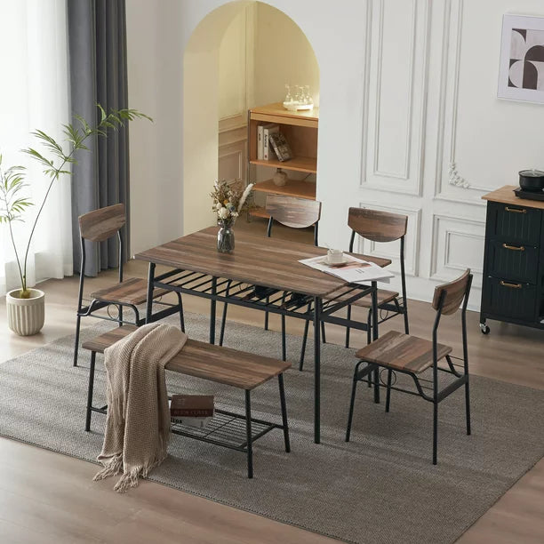 6-Piece Dining Set with Storage Racks, Modern Dining Table Set with Rectangular Table, Bench and 4 High Backrest Chairs for 6 Person with Steel Frame for Dining Room Living Room Kitchen, Natural
