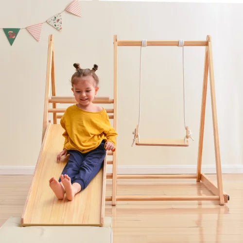 Montessori Toddler Playset Indoor Playground Folding Gym, Interchangeable Baby/Toddler Swing 5 in 1 Multifunctional Foldable, Ladder Climber, Slide, Rock Climbing Kids Ages 1yr - 5yrs