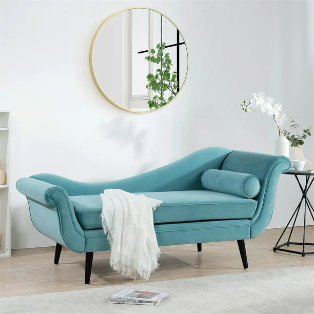 Modern Design Indoor Sherpa Fabric Chaise Lounge with Pillow,Upholstered Lounge Chair with Wood Legs and Scroll Arms for Office, Apartment, Living Room and Bedroom, Green