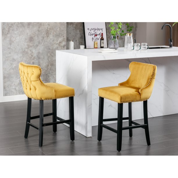 Tufted Bar Stools Set of 2, Upholstered Button Tufted Counter Bar Height Bar Chairs with Back, Velvet Kitchen Island Chair Barstools with Wood Legs for Dining Room Bar Coffee Shop, Yellow