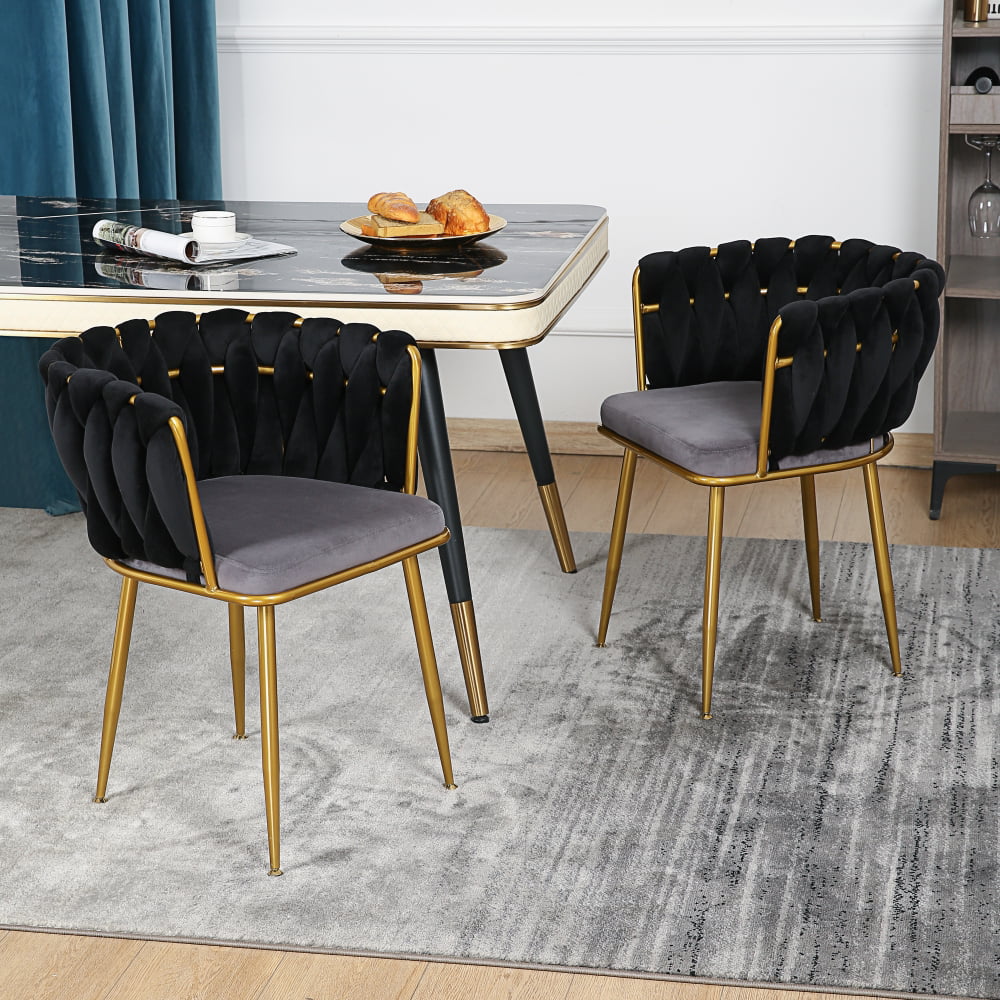 Living Room Chairs Set of 2, Velvet Makeup Vanity Chair with Back Arm, Modern Bedroom Leisure Accent Chair Cute Comfy Single Upholstered Chair with Gold Metal Legs, Black