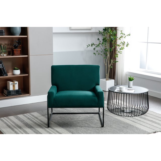 Modern Velvet Accent Chair, Metal Industrial Armchair with Soft Padded Backrest and Low Arms Upholstered Leisure Comfy Single Reading Chair for Bedroom Living Room Lounge,Emerald