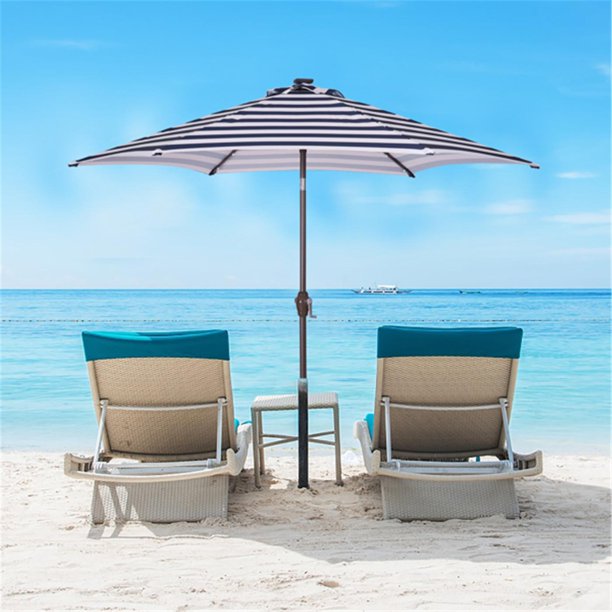 Outdoor Patio 8.7-Feet Market Table Umbrella with Push Button Tilt and Crank, Red Stripes With 24 LED Lights, Outdoor Umbrella for Garden, Deck, Backyard, Pool and Beach, Blue White Stripes