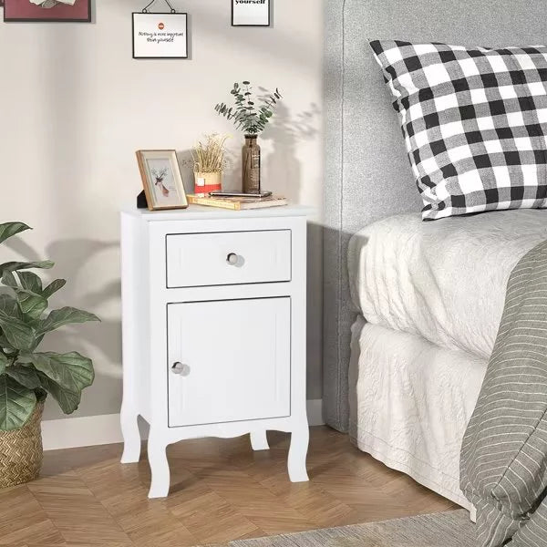 Country Style Side Table, Nightstand with 1 Drawer 1 Door, Bedside Tables with Wood Frame, Mid-Century Modern Nightstand with Storage, Bed Side Table & Night Stand End Table, for Bedroom, etc, White