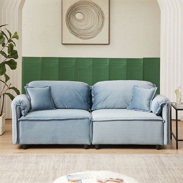 79" Velvet Upholstered Loveseat Sofa, Comfy Soft 3 Seater Couch with Turned Inward Back and Arms, Modern Couch for Living Room, Apartment, Office, Blue