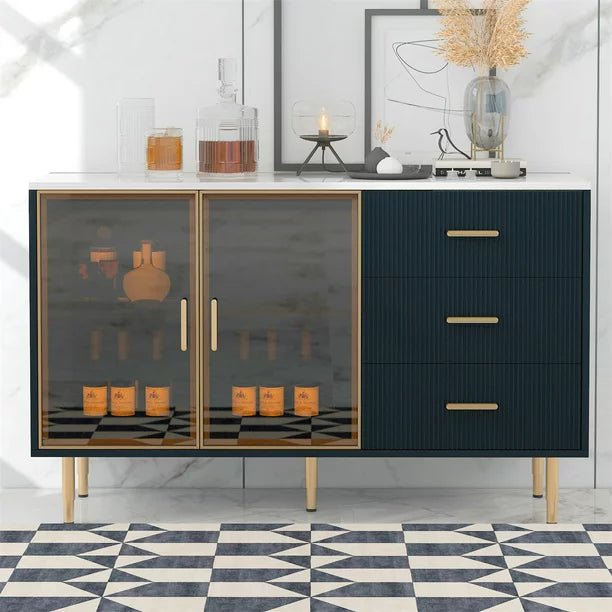 Modern Storage Cabinet with Amber Yellow Tempered Glass Doors and 3 Drawers,Solid Wood Buffet Sideboard with Gold Metal Legs,Buffet Cabinet Side Table for Living Room Dining Room Entryway,Navy Blue