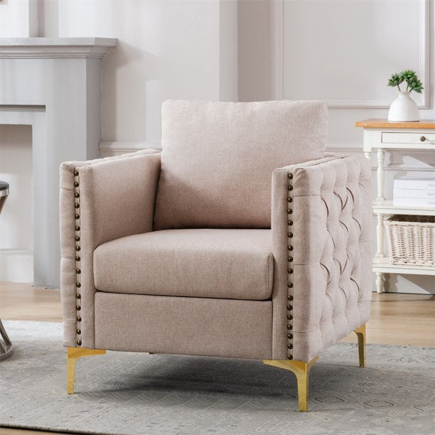 JINS&VICO Linen Accent Chair Living Room Armchairs, Tufted Button Upholstered Club Chair with Steel Legs, Modern Single Sofa Chair Reception Chair for Bedroom, Home, Office, Tan