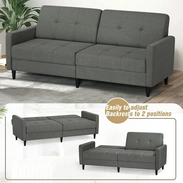 Convertible Folding Sofa Bed Futon, Linen Fabric Loveseat Couch with Adjustable Backrest and Solid Wood Legs,77" Sleeper Sofa Couch for Living Room, Apartment, Office, Grey