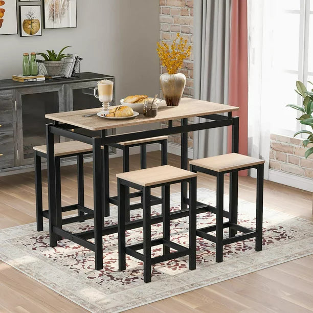 5 Pieces Kitchen Counter Height Table Set, Industrial Dining Table with 4 Chairs (Oak), Table:47.2”L x 23.6”W x 35”H, Chair:15”L x 11.8”W x 23.6”H