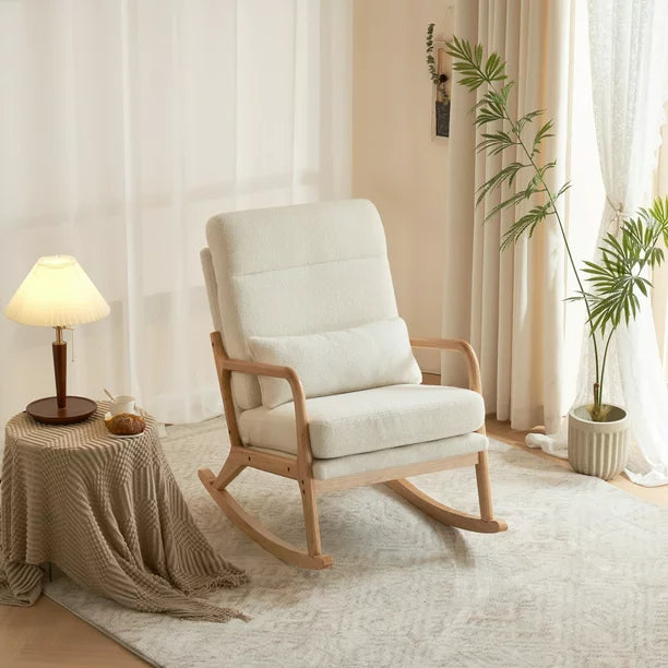 Rocking Chair, High Back Glider Chair with Lumbar Pillow, Modern Upholstered Accent Armchair, Teddy Fabric Rocking Chair Indoor for Living Room/Bedroom, 550LBS Weight Capacity, White Teddy