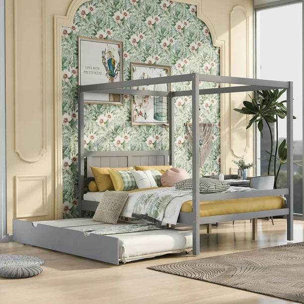 Full Size Canopy Bed with Pull Out Trundle, 4 Corner Post Bed, Wood Platform Bed Frame with Headboard, No Box Spring Needed, Gray 79.5''Lx57''Wx72''H