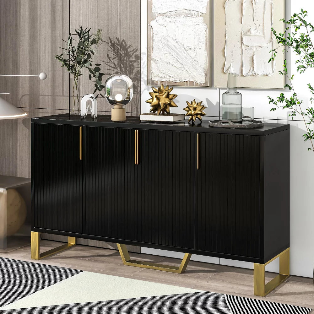 60" Wide Modern Sideboard with Four Doors,Metal Handles & Legs and Adjustable Shelves,Kitchen Cabinet Buffets & Sideboards,Multifunctional Console Table for Entryway Living Room Dining Room,Black