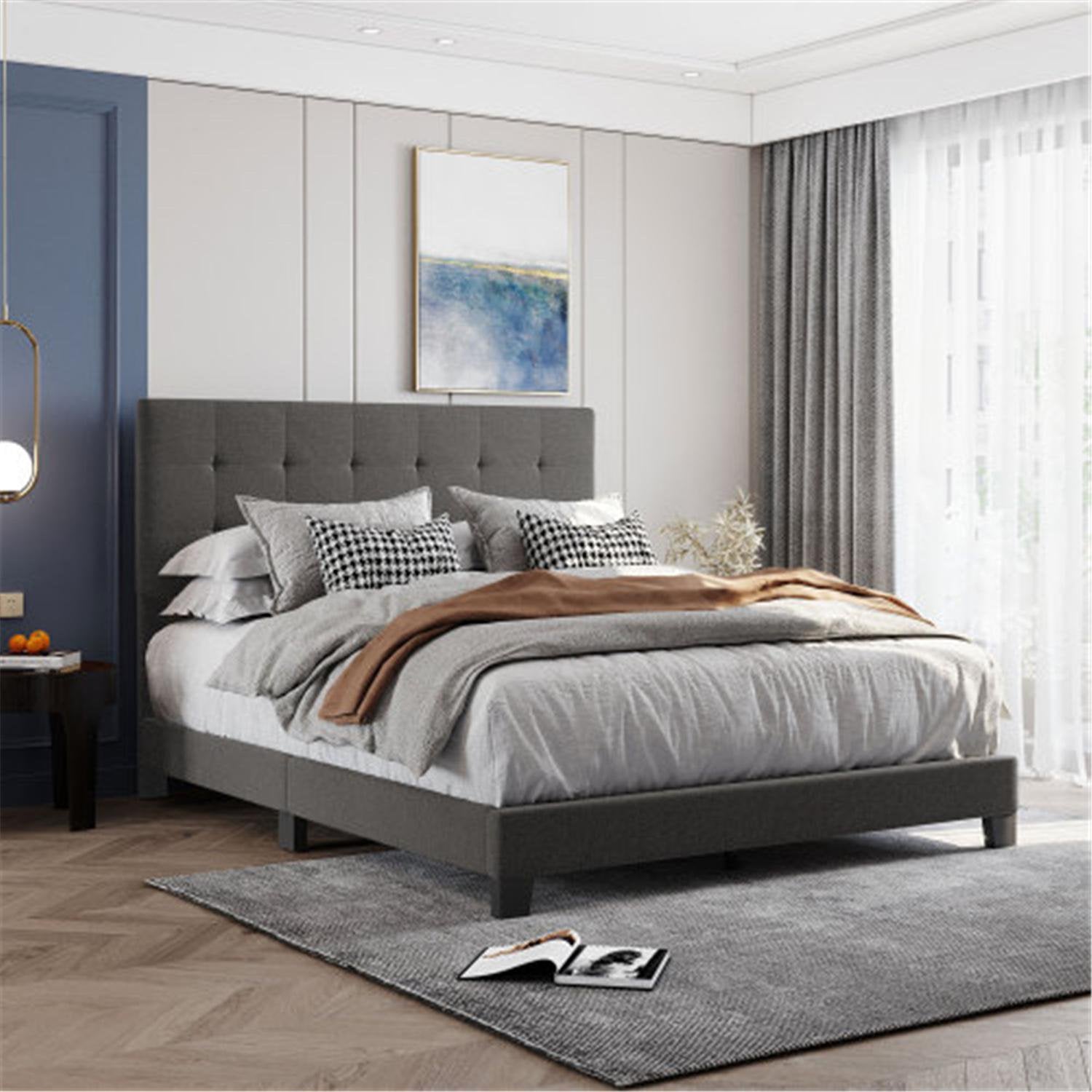 Gray Queen Upholstered Platform Bed Frame with Tufted Upholstered Headboard and Footboard, Easy Assembly, 84.8''L X 64.3''W X 51.1''H