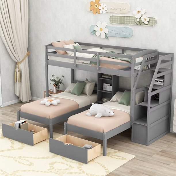 Twin over Twin&Twin Bunk Bed with Drawers and Shelves, Triple Bunk Bed with Built-in Staircase and Guardrails for Family Kids Teens Adults, Gray