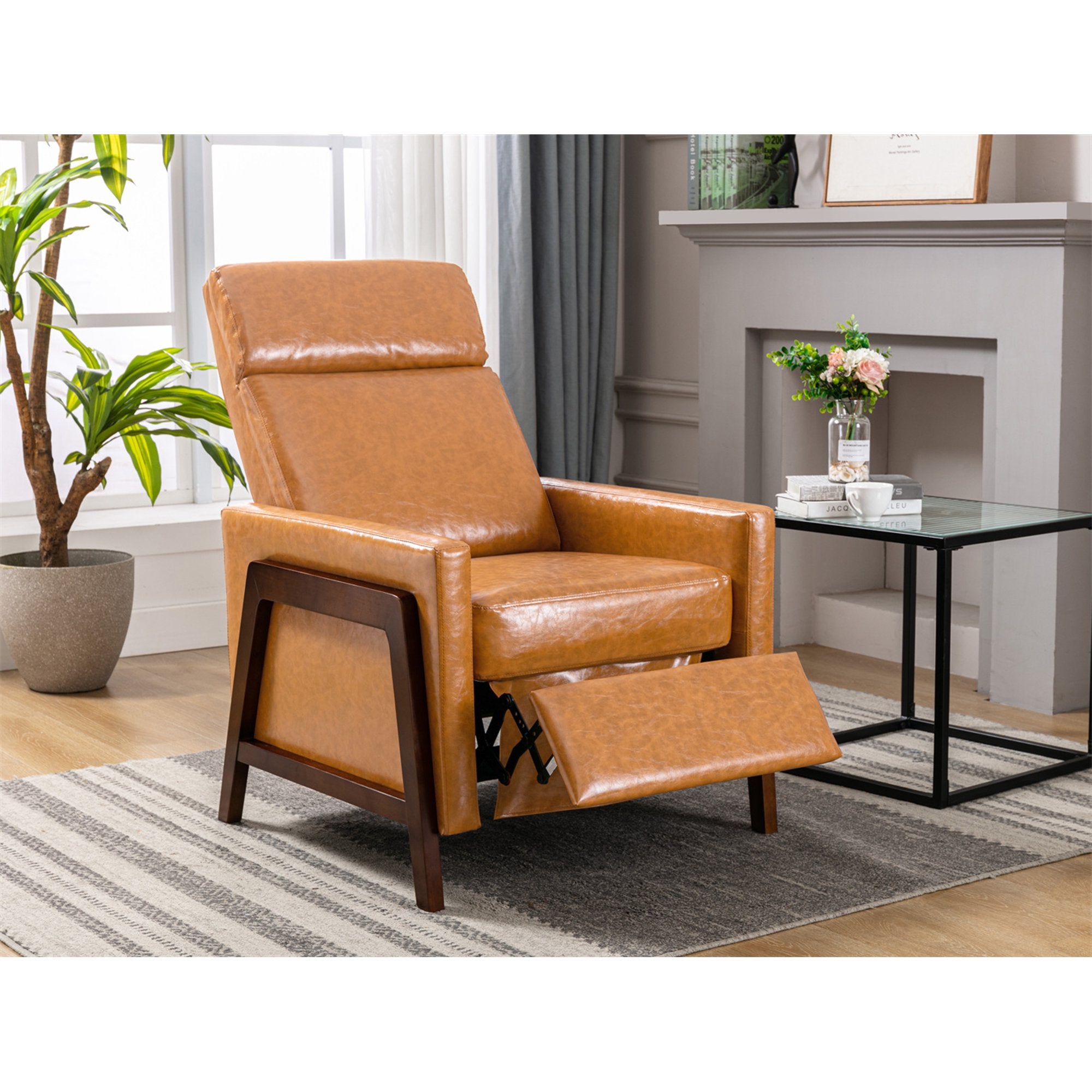 Adjustable Recliner Chair Set of 2, PU Leather Upholstered Home Theater Accent Armchair with Thick Seat & Retractable Footrest, Wooden Single Sofa Reclining Chair for Living Room Bedroom Office, Brown