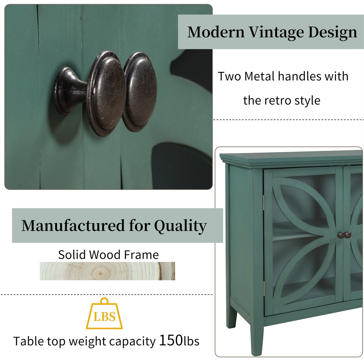 JINS&VICO 32 Inch Wooden Accent Storage Cabinet, Wooden Console Table with Decorative Transparent Door, Multi-Functional Sideboard Entryway Table for Living Room Bedroom Kitchen, Navy Green