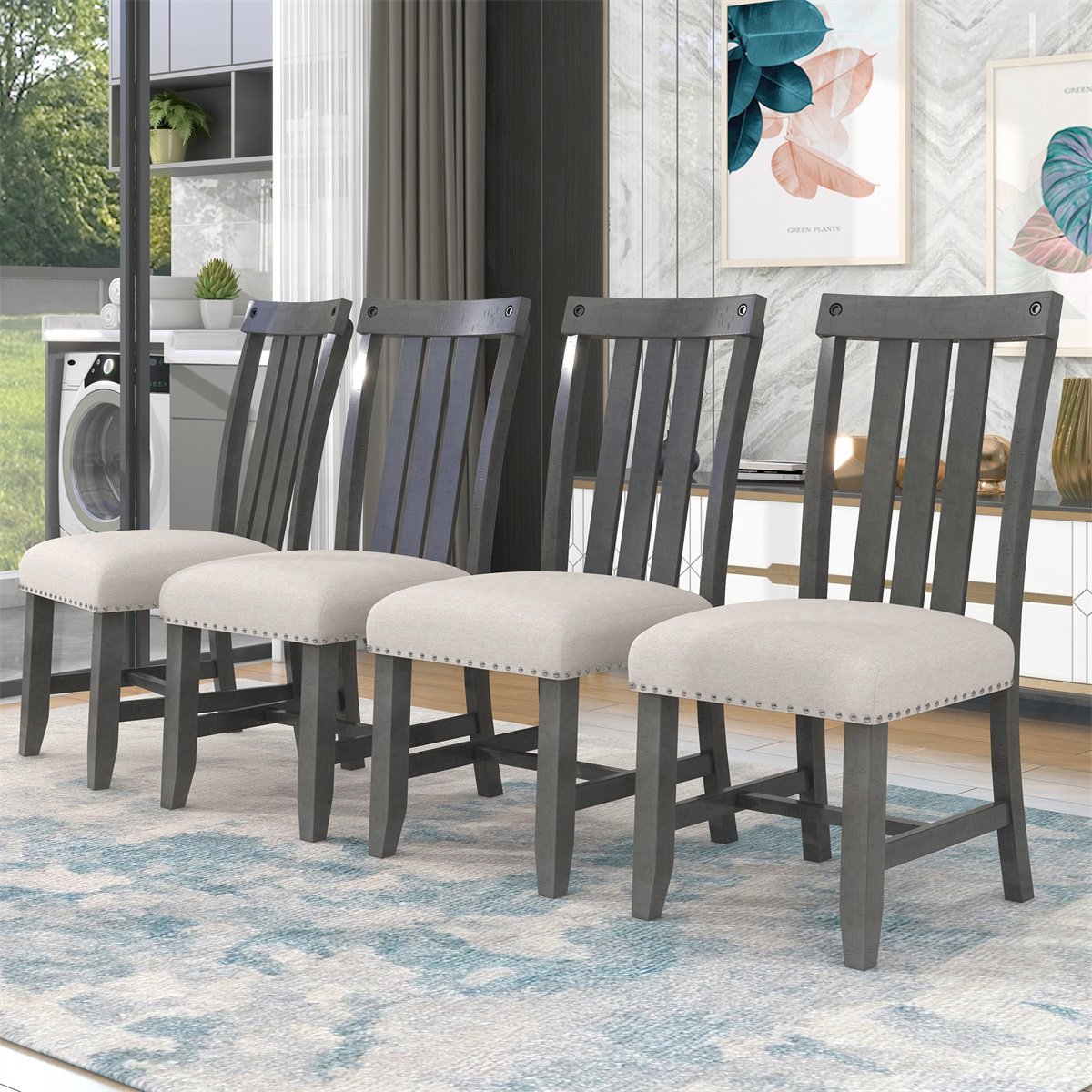 INCLAKE Dining Chair Set of 4, Upholstered Kitchen Chair with Nailhead Trim and High Back, Living Room Chairs with Solid Wood Legs, Classic Dining Furniture for Home, Restaurant, Gray