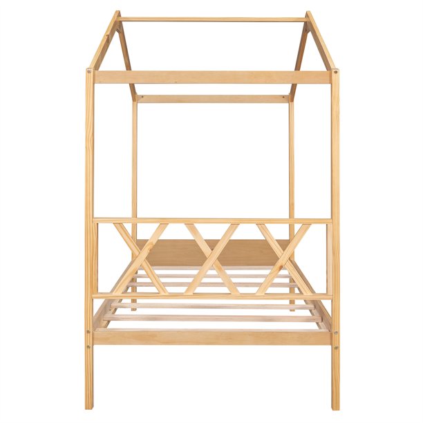 Twin Size House Bed for Kids, Wooden Platform Bed Frame with Hollow-Out Headboard and Storage Space, House Twin Bed for Kids Girls Boys Teens Adults, No Box Spring Needed, Natural