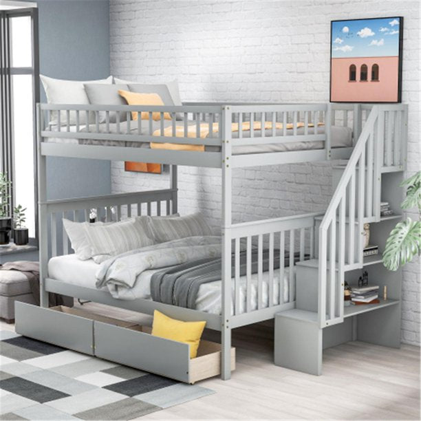 Full Over Full Size Bunk Bed Frame with Stairs, Wood Bunk Bed with Two Drawers and Storage, No Spring Box Required, Gray
