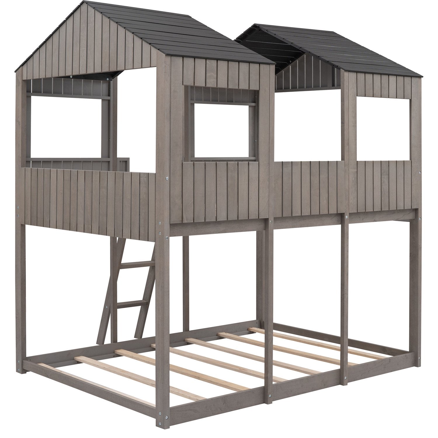 Full Over Full House Bunk Bed with Roof, Wood House Bunk Bed with Window, Safety Guardrail, Ladder for Kids Teens Girls Boys, No Box Spring Needed, Antique Gray 78.7"L x 56.2"W x 85.5"H