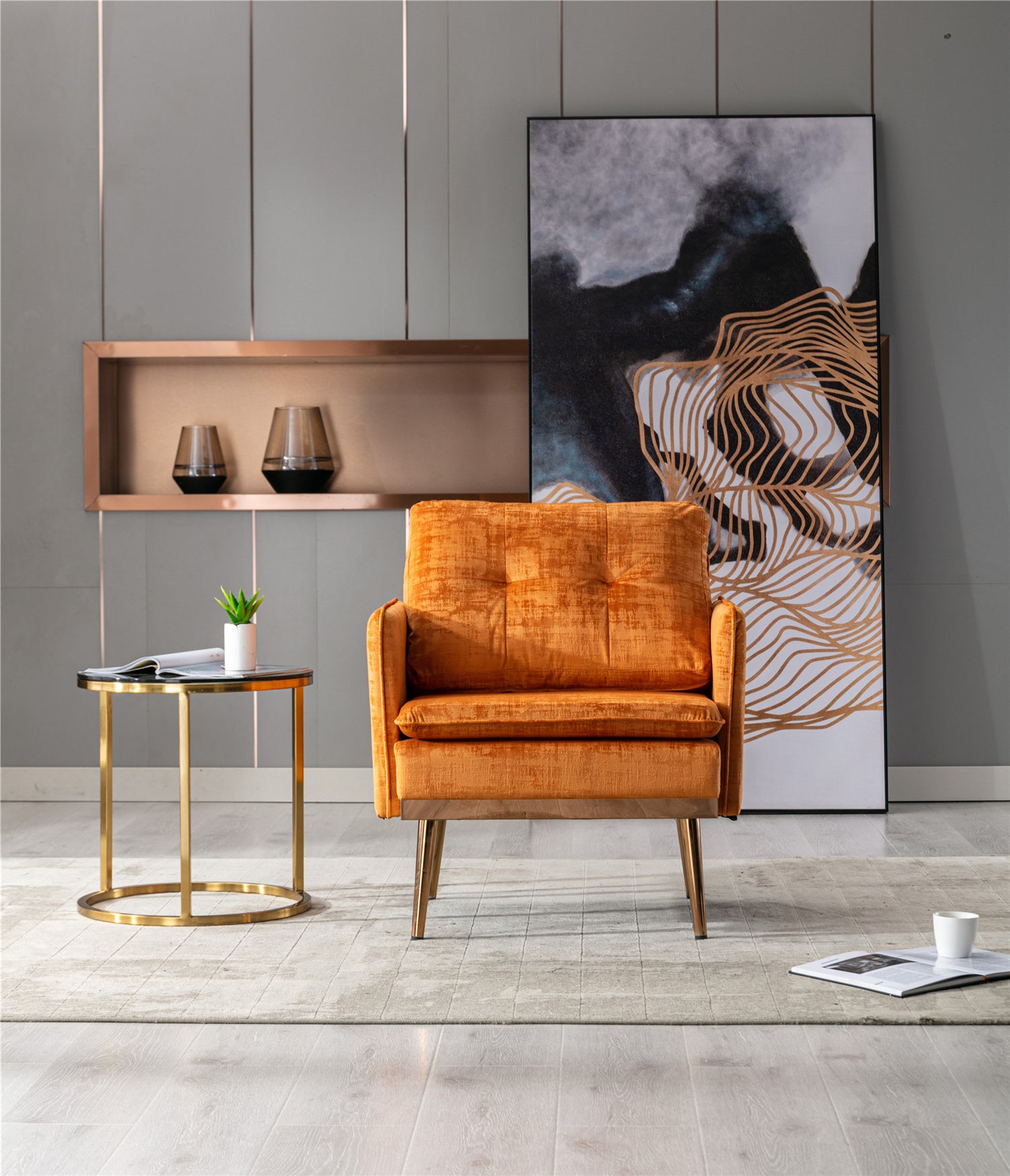 Modern Velvet Accent Chair, Upholstered Tufted Armchair Side Chair with Gold Metal Legs for Living Room Bedroom, Orange