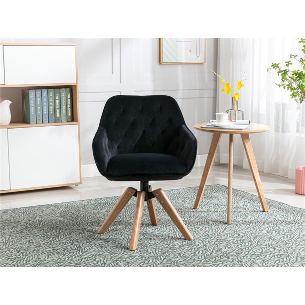 Swivel Accent Chair, Mid Century Modern Desk Chair with Wood Legs, Velvet Armchair for Living Room/Bedroom/Home Office, Black