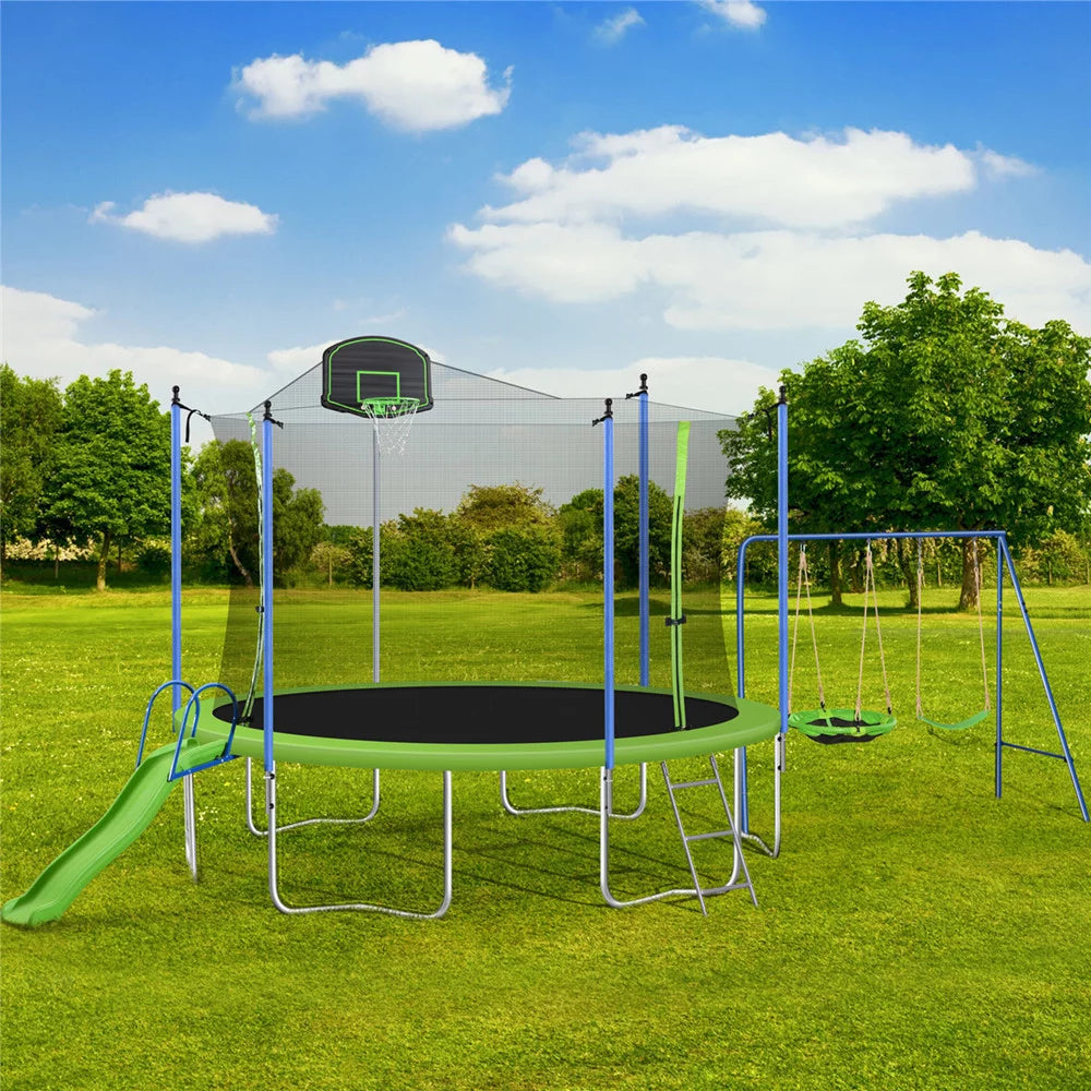 14FT Trampoline for Kids Teens Adults, Recreational Trampoline with Slide & Swing & Basketball Hoop & Enclosure Net, ASTM Approved Combo Bounce Outdoor Fitness Trampoline, 800Lbs Capacity for 5-8 Kids
