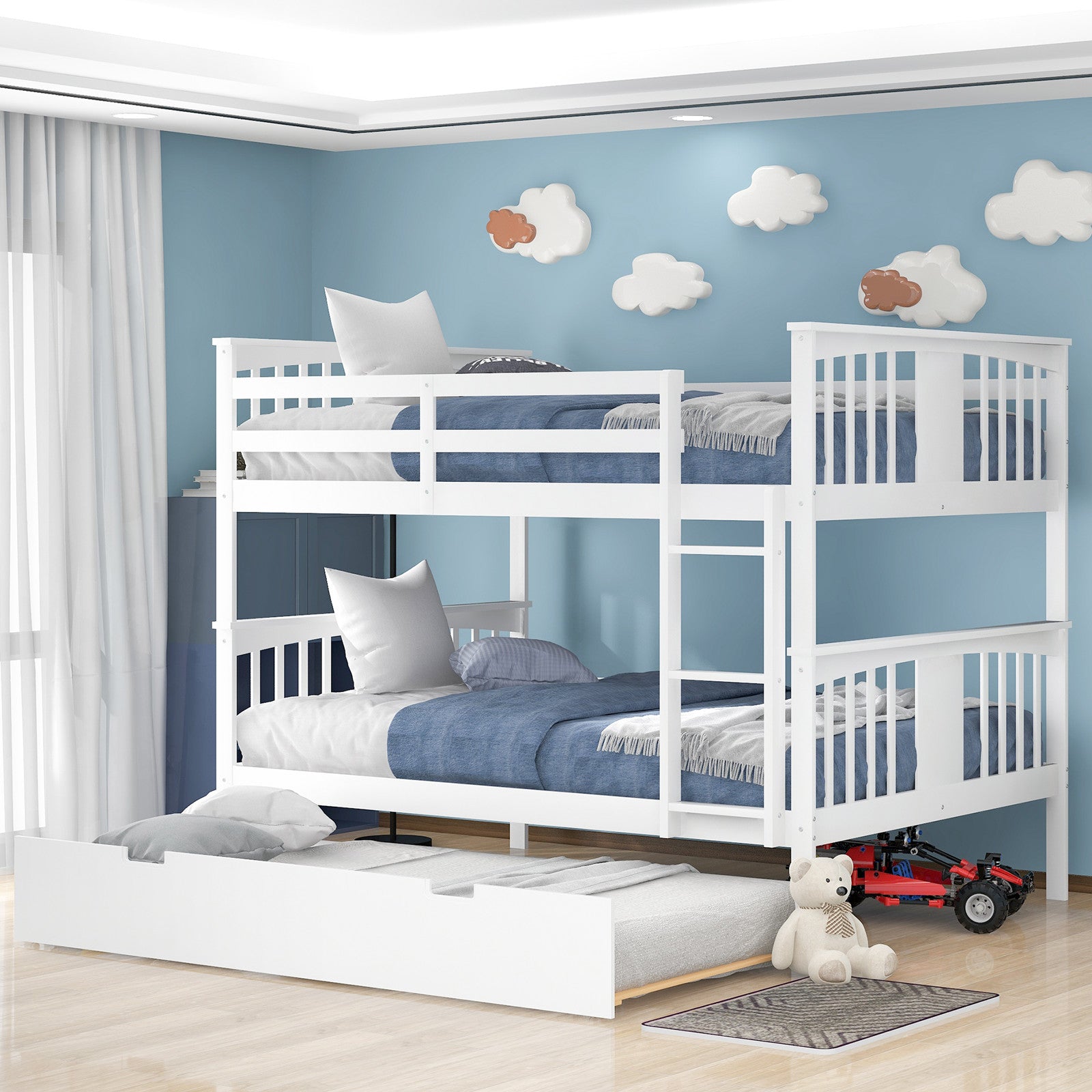 Full over Full Bunk Bed with Twin Size Trundle and Ladder, Convertible Bunk Bed with Safety High Guardrails for Kids Teens Adults, White