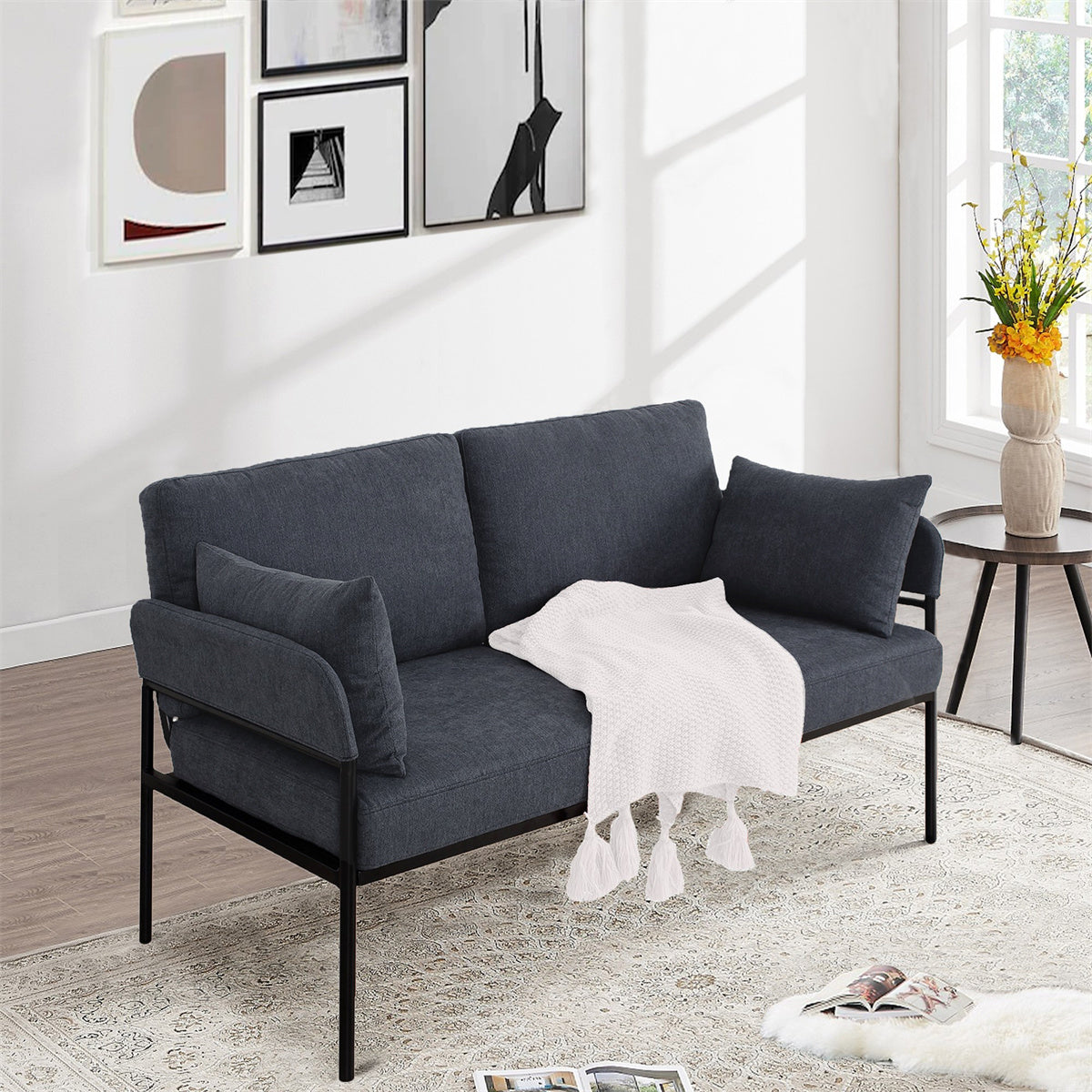 INCLAKE Linen Loveseat Sofa,Modern Sleeper Couch Bed with Backrest and 2 Pillows,Upholstered 2-Seater Sofa Couch with Sturdy Metal Legs,Simple Futon Sofa for Living Room Apartment Balcony,Navy Blue