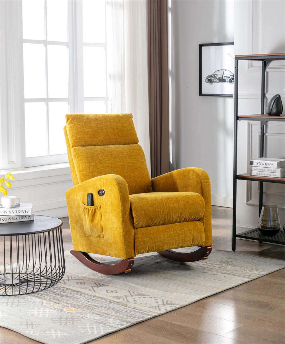 Electric Massage Rocking Chair, Modern Upholstered Nursery Glider Rocker with Vibrating Massage and Extending Footrest, Comfy High Back Armchair Single Sofa Chair with Wooden Base & Side Pocket Yellow