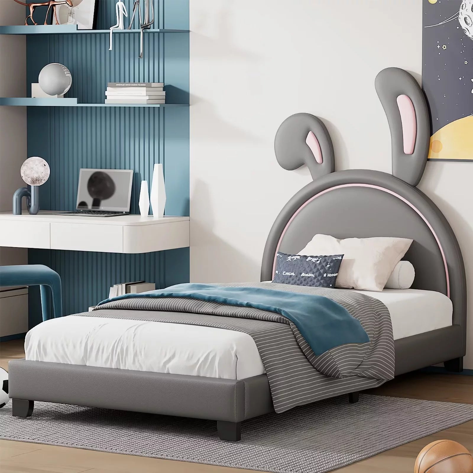 Twin Size PU Leather Upholstered Bed Frame, Solid Wood Platform Bed Kids Floor Bed with Rabbit Headboard and Sturdy Slats Support for Boys and Girls Bedroom, No Box Spring Needed, Gray