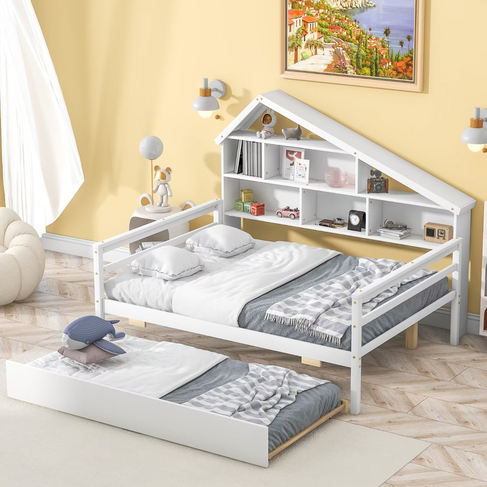 Full Size Platform Bed with Twin Trundle Bed, Wooden Storage Bed Frame with House-shaped Bookshelves and Headboard, Modern Platform Bed Frame for Kids Adults Bedroom, No Box Spring Needed, White
